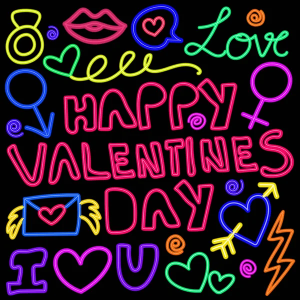 Luci al neon incandescenti modello doodle per le celebrazioni di San Valentino . — Vettoriale Stock