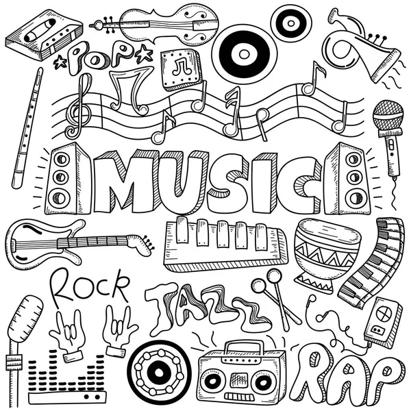 Collage met muziekinstrumenten. Hand tekenen Doodle. — Stockvector