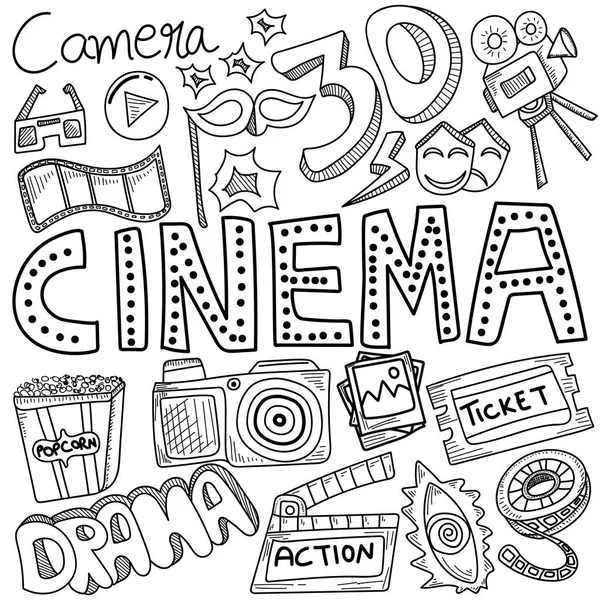 Kino, film, film čmáranice ručně kreslenou útržkovité vektorových symbolů — Stockový vektor