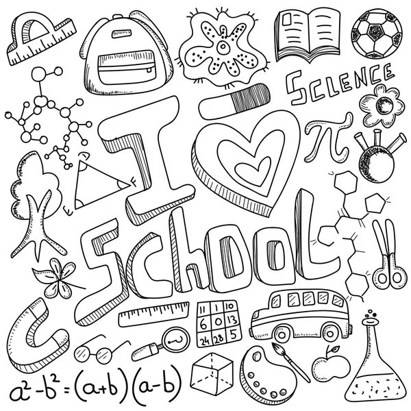 Back to School doodle, with black and white education sign, symb — Stock Vector