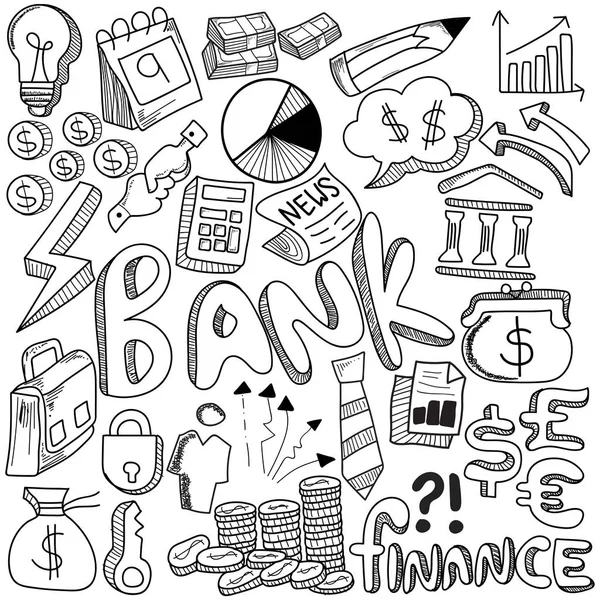Elementos de doodles de estratégia bancária e de mídia desenhados à mão . — Vetor de Stock