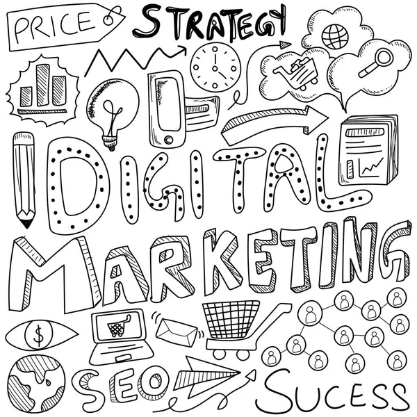 Χέρι της ψηφιακής στρατηγικής μάρκετινγκ και τα μέσα ενημέρωσης, doodles eleme — Διανυσματικό Αρχείο