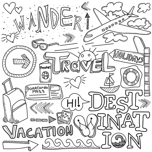 Handdrawn symboly turistiky a cestování. — Stockový vektor