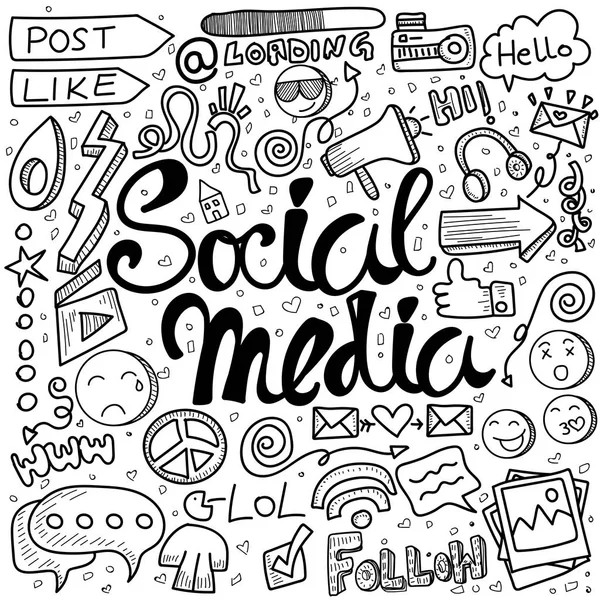 Αντικείμενα και σύμβολα στο στοιχείο κοινωνικών μέσων μαζικής ενημέρωσης. Διάνυσμα έργα — Διανυσματικό Αρχείο