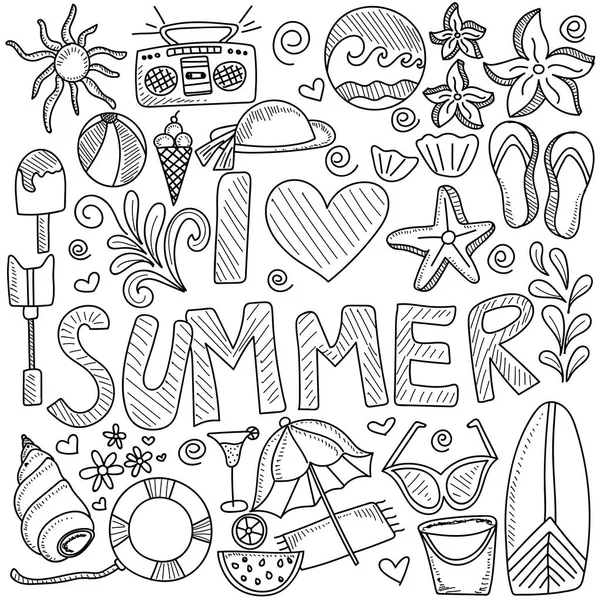 Sommer Strand handgezeichnete Vektorsymbole und Objekte — Stockvektor