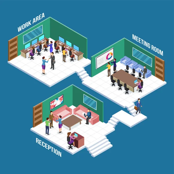 Isometric view of a work place, business people  collaboration. - Stok Vektor