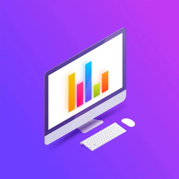 3D Isometrisk illustration av en dator med tangentbord, mus och diagram — Stock vektor