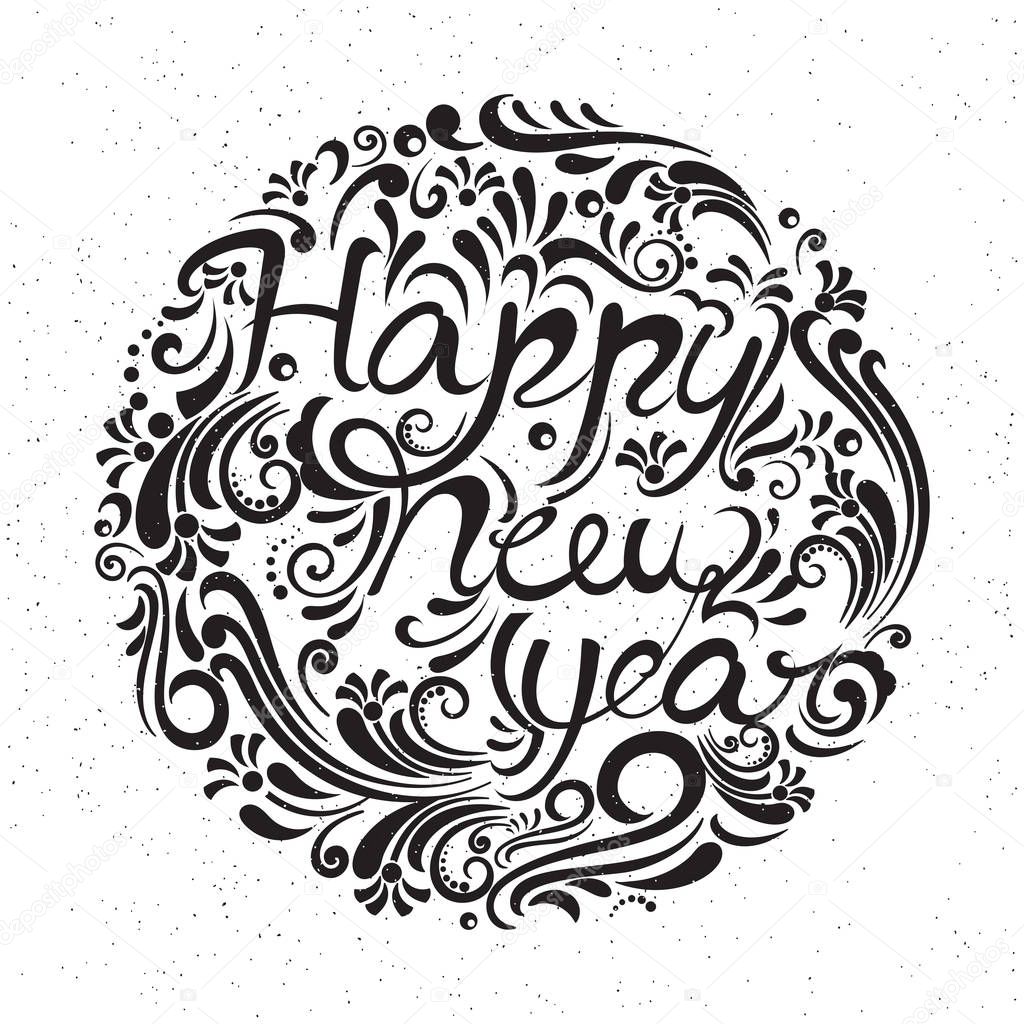 Typographic text Happy New Year decorated with Doodle elements.