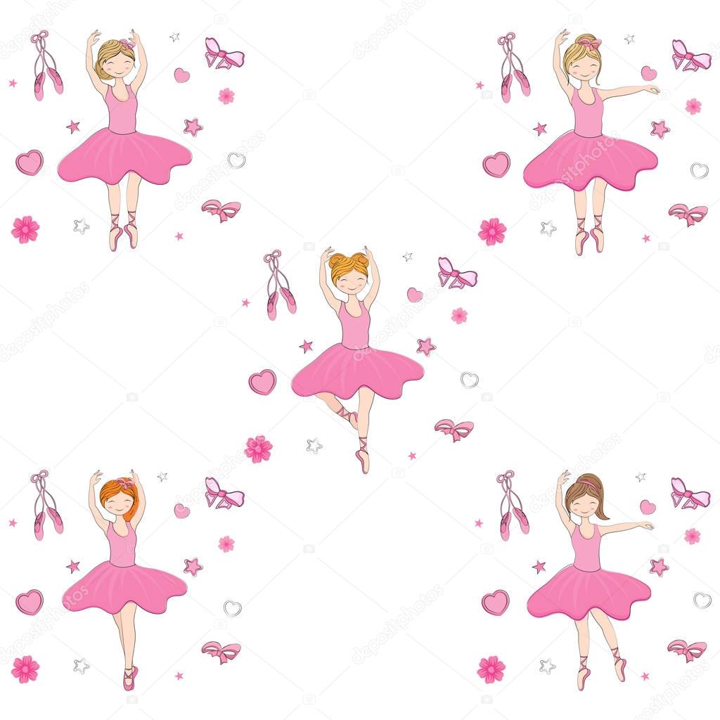 Cute ballerina girl in different hairstyle on doodle elements ba