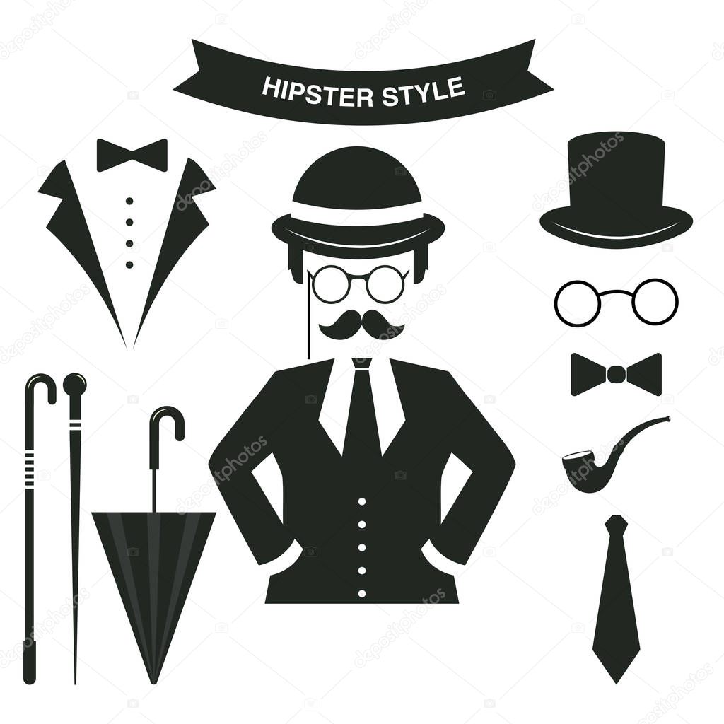 Retro Hipster male character with hipster elements and icons