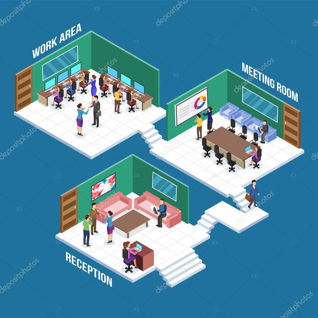 Isometric view of a work place, business people  collaboration.