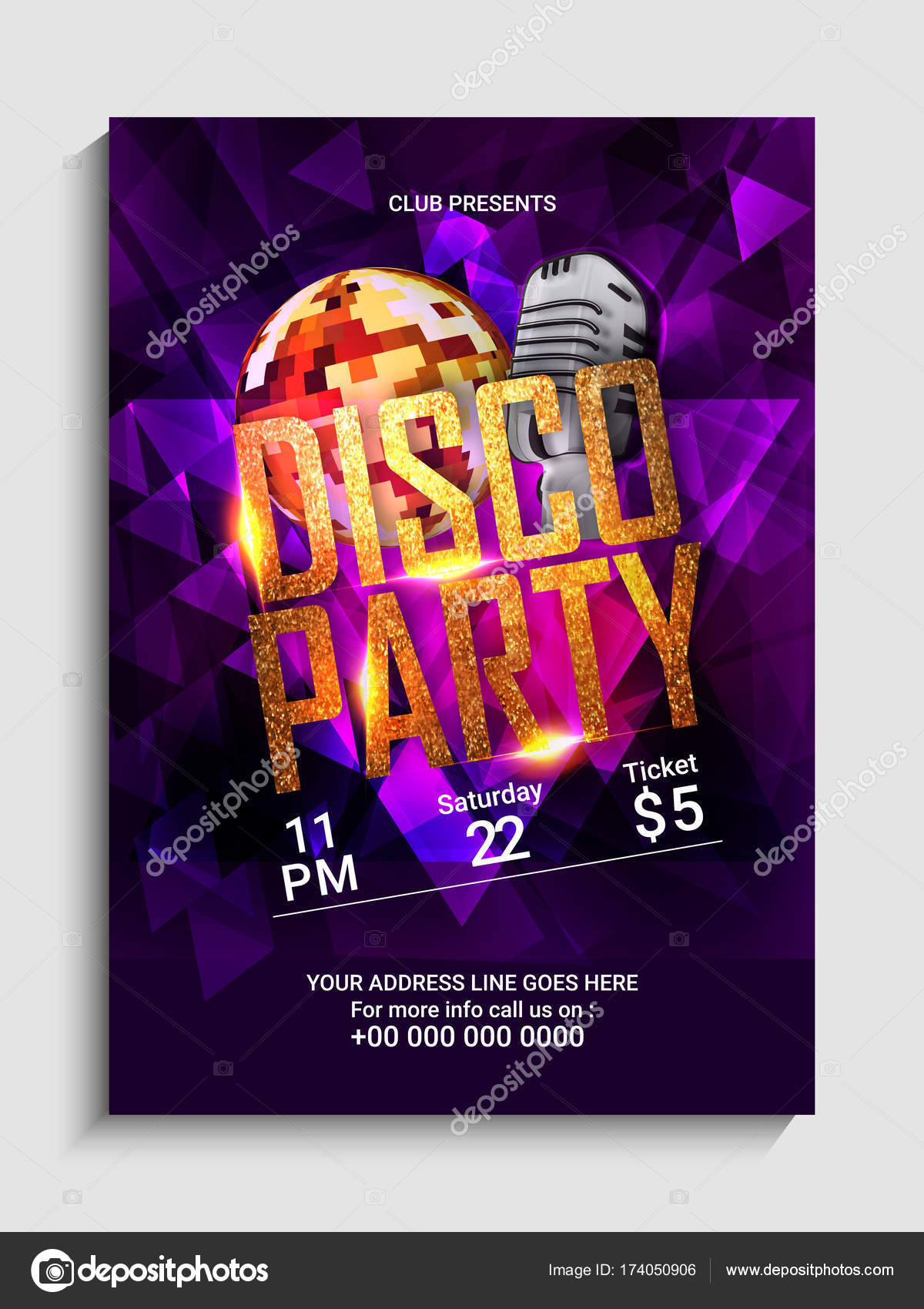 Cartaz de festa de discoteca. Folheto de festa noturna de dança e