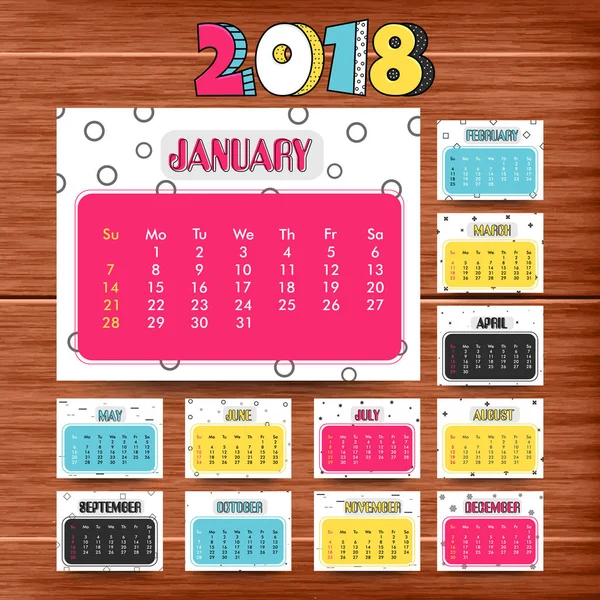 Série complète de 12 mois, Calendrier 2018 . — Image vectorielle