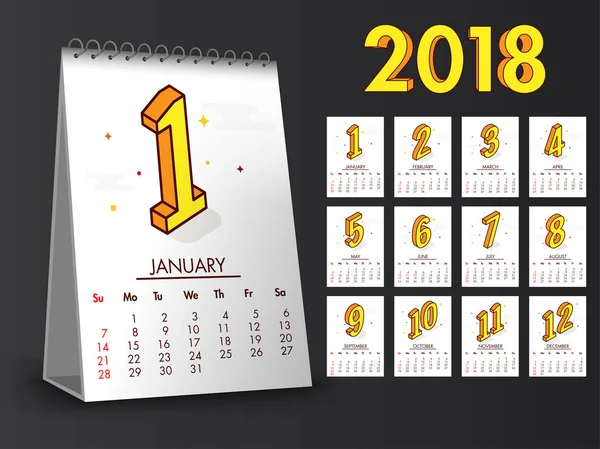 Set completo di 12 mesi, calendario 2018 . — Vettoriale Stock