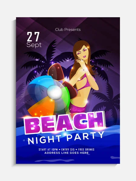 Beach night party flyer or banner design with young female lady — Stock Vector