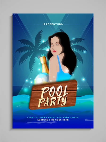 Pool party flyer or banner design with young female lady illustr — Stock Vector