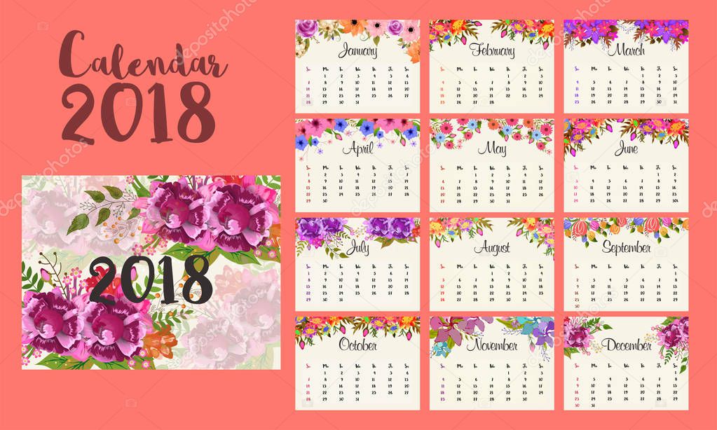 Complete Set of 12 Months, 2018 Calendar.