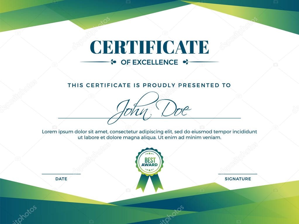 Certificate of appreciation award template with green shapes and