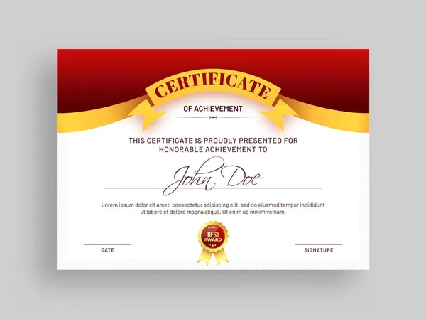 Certificado de modelo de realização com design vermelho e dourado um — Vetor de Stock