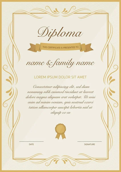 Modello di certificato di diploma con disegno floreale dorato . — Vettoriale Stock