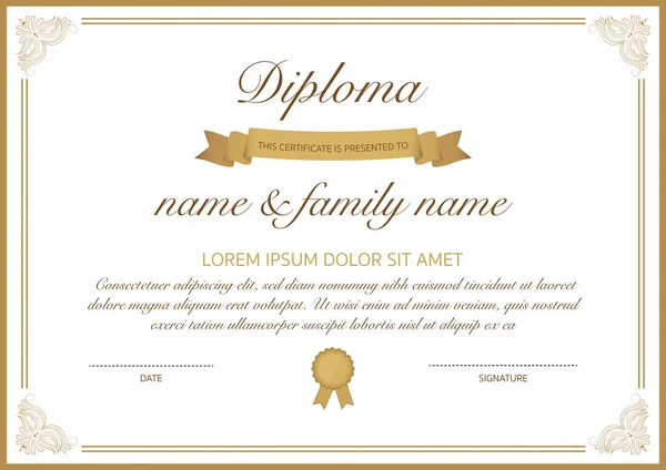 Modello di certificato di diploma con bordo dorato . — Vettoriale Stock