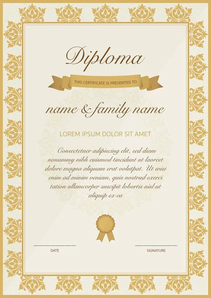 Modello di certificato di diploma con disegno floreale dorato . — Vettoriale Stock