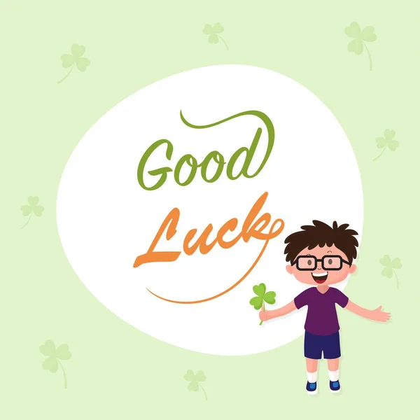 Cute kid cartoon holding clover leave wishing good luck. — Stock Vector