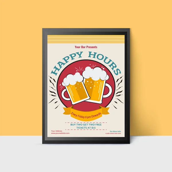 Modello Happy Hour con boccali di birra per web, poster, volantino, invit — Vettoriale Stock