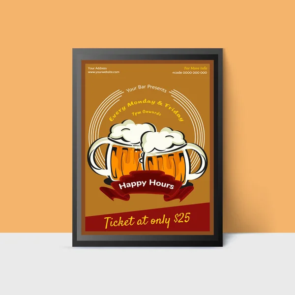 Happy Hour Vorlage mit Bierkrügen für Web, Poster, Flyer, Einladungen — Stockvektor