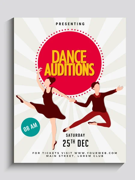 Dance auditions flyer or poster design. — Stock Vector