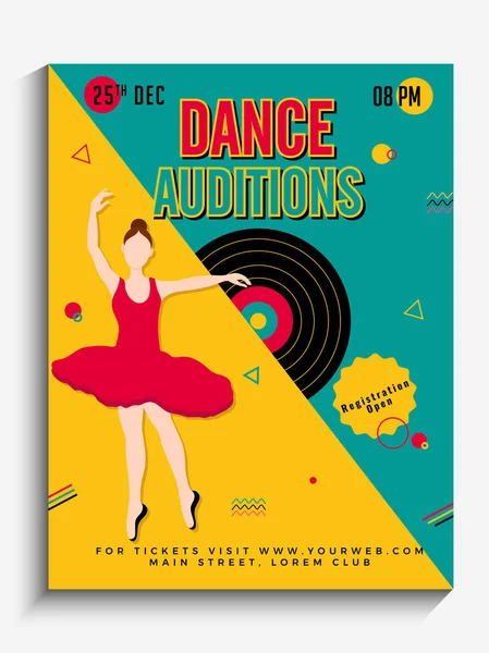 Auditions de danse flyer ou poster design . — Image vectorielle