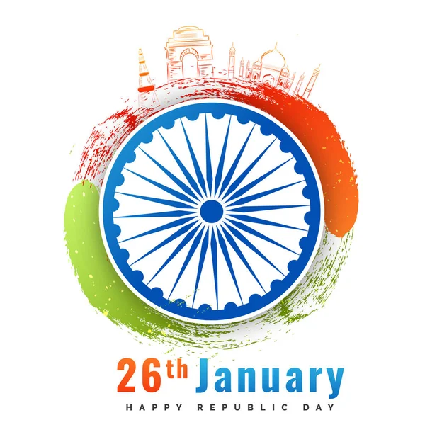 Ασόκα τσάκρα με doodle μνημεία της Ινδίας, ημέρα της Δημοκρατίας backg — Διανυσματικό Αρχείο