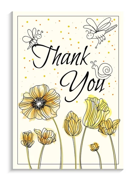 美丽绽放的花朵和蜜蜂, 谢谢你卡. — 图库矢量图片