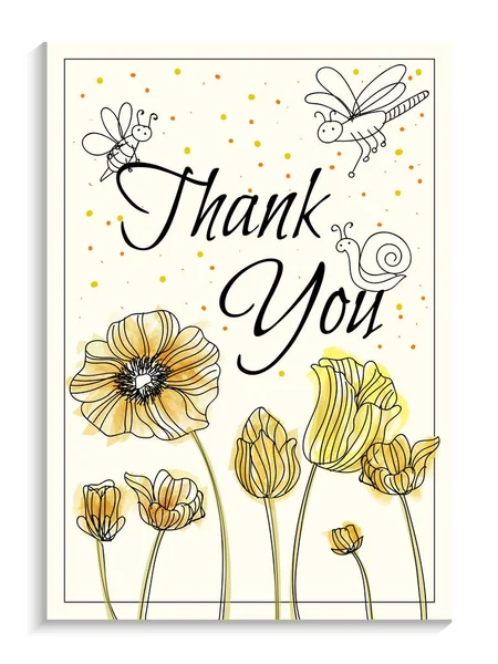 Beautiful blooming flowers and bees, Thank You card. — Stock Vector