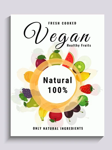 Cartel vegano, pancarta o folleto de diseño con frutas saludables . — Vector de stock