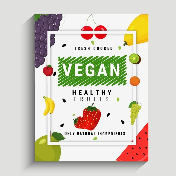 Cartaz Vegan, Banner ou Flyer Design com frutas aquarelas . —  Vetores de Stock