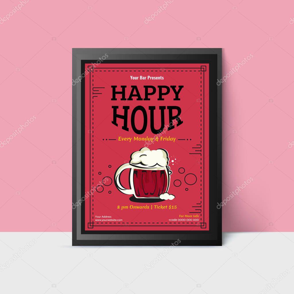 Happy Hour template with beer mugs for web, poster, flyer, invit
