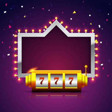 Lucky 777 slot on machine with marquee  sparkling purple backgro clipart