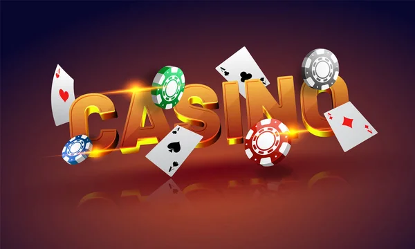 3D goldener Text Casino mit Karten, Chips auf glänzendem Hintergrund. — Stockvektor