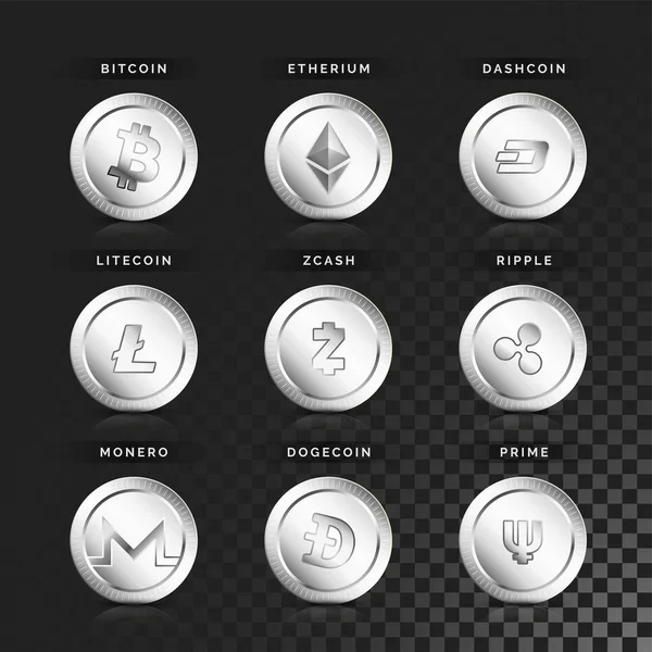 Набір cryptocurrencies в срібних монет. — стоковий вектор