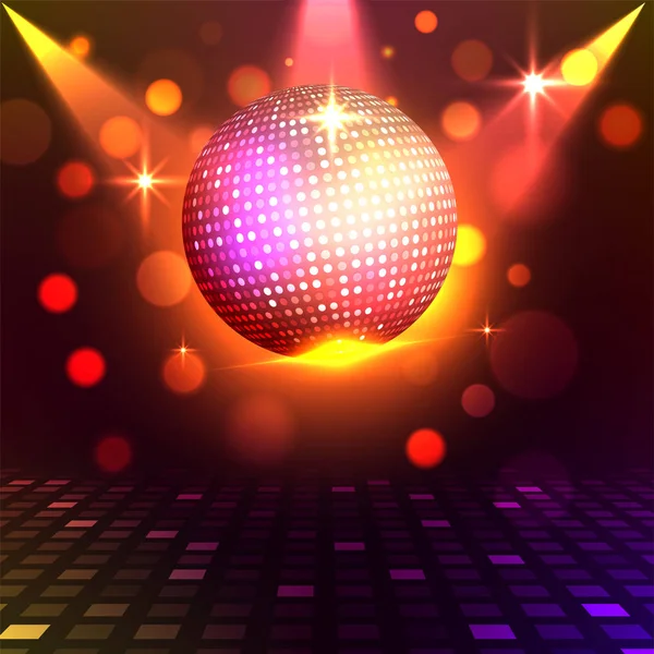 Gouden glanzend Disco bal op glanzende kleurrijke licht achtergrond. DIS — Stockvector