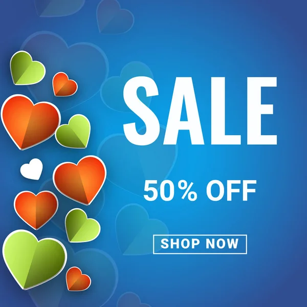 50% off, Sale Banner with paper hearts in saffron, white and gre — стоковый вектор