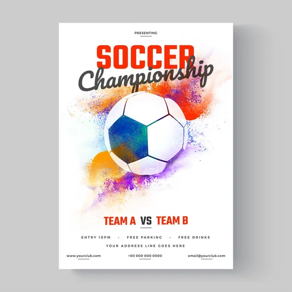 Balón de fútbol, volante de campeonato de fútbol o diseño de póster en color — Archivo Imágenes Vectoriales