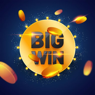 Büyük kazanmak metin parlak mavi seçim çerçevesi çerçeve ile altın sikke, 
