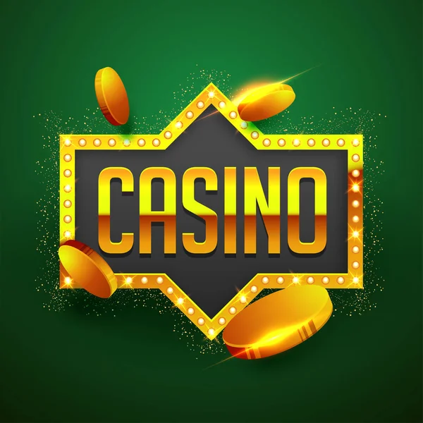 Golden text Casino with golden coins, marquee frame on sparkling — Stock Vector