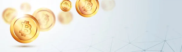 Golden bitcoins, social media banner design. — Stock Vector