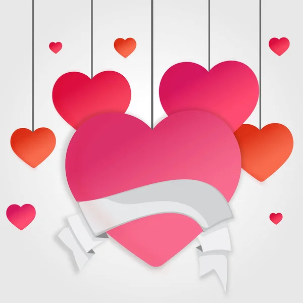 Corazones de papel colgantes en colores rosa y naranja. Amor o Valentín — Vector de stock