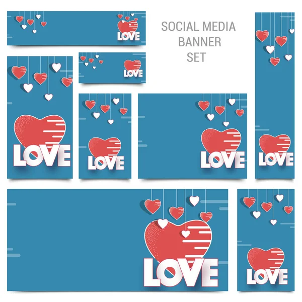 Сообщение в социальных сетях или баннеры с висящими красными бумажными сердцами на bl — стоковый вектор
