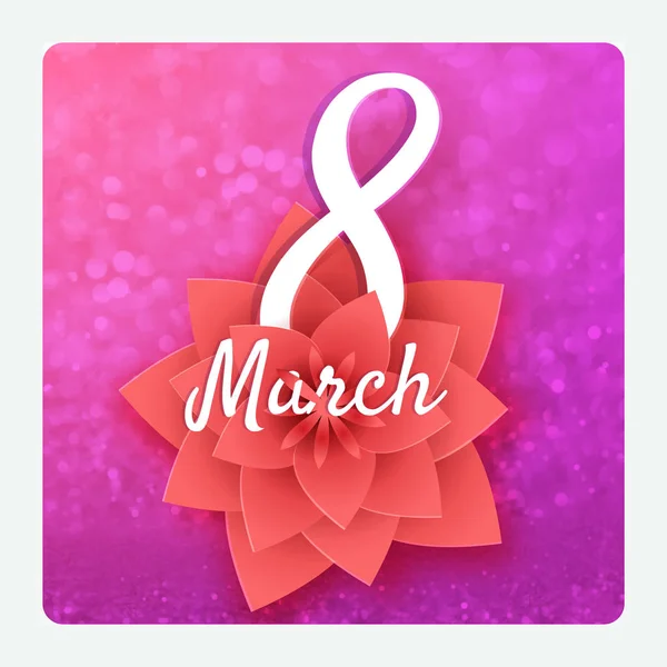 Bellissimo testo 8 marzo con fiore di carta su sfondo rosa lucido — Vettoriale Stock