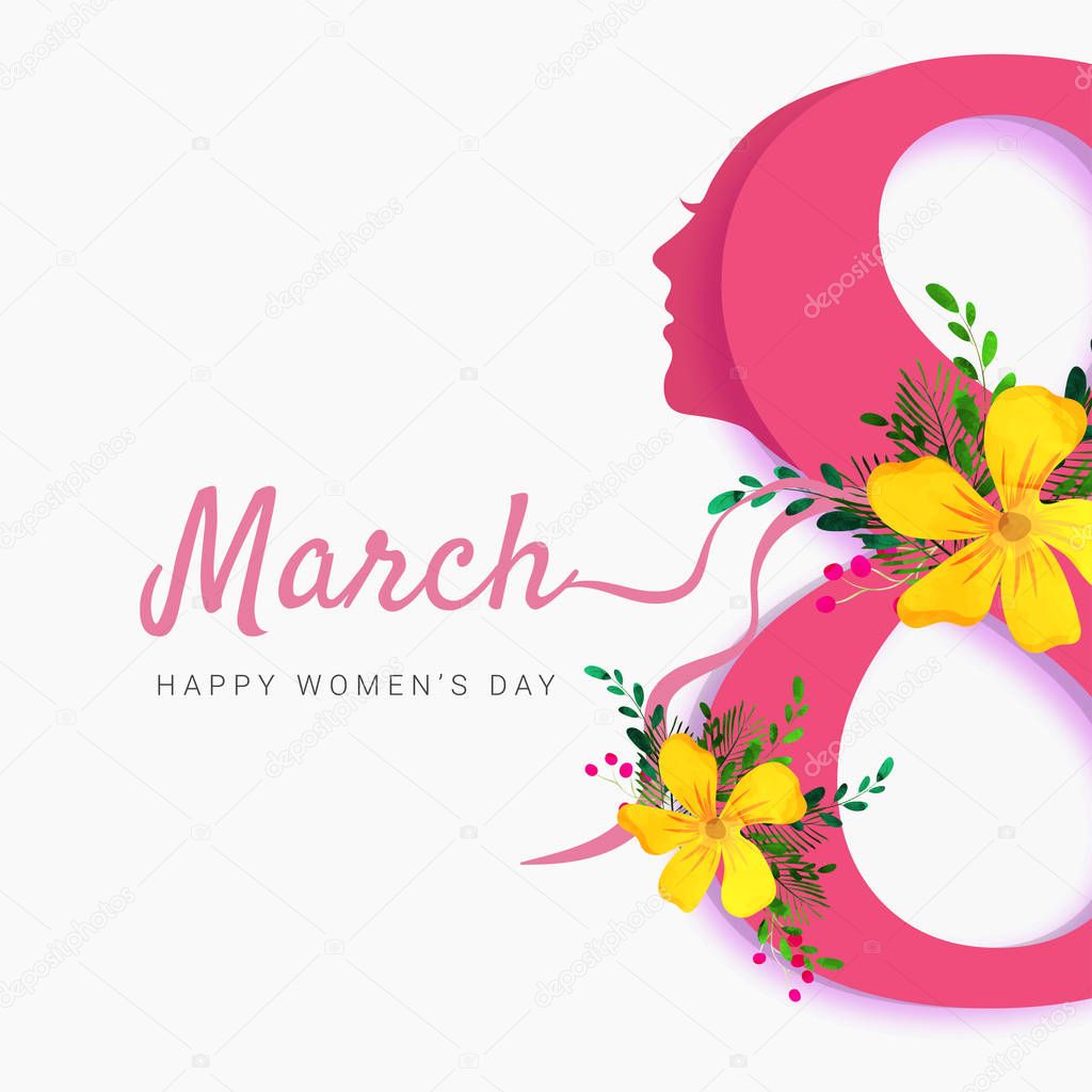 Stylish pink text 8 and women face, Happy Womens Day celebration
